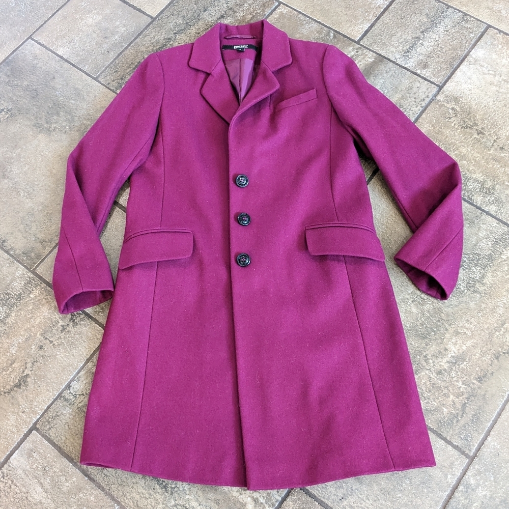 DKNY Wool Blend Jewel Tone Chic Tailored Vibrant Career Pea Coat Size 2 Purple